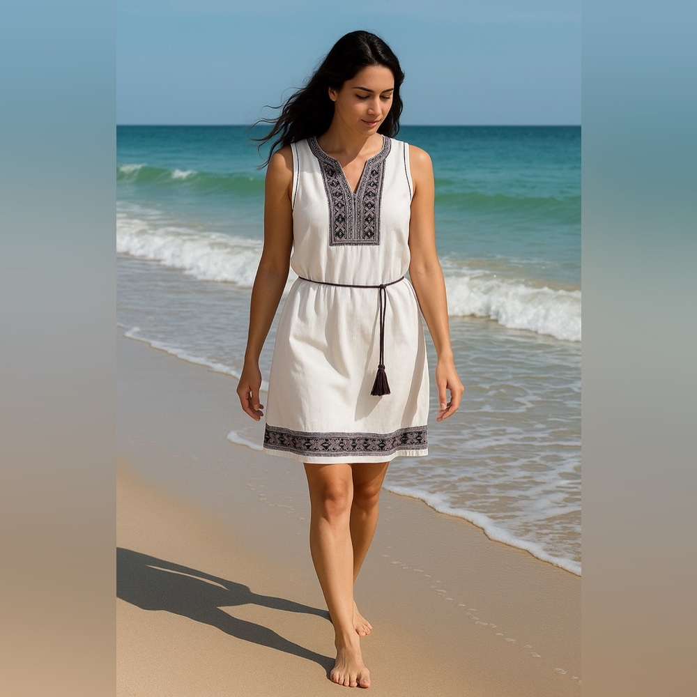 GH Bass Boho Embroidered White Sleeveless‎ Shift Dress Removable Belt L Coastal